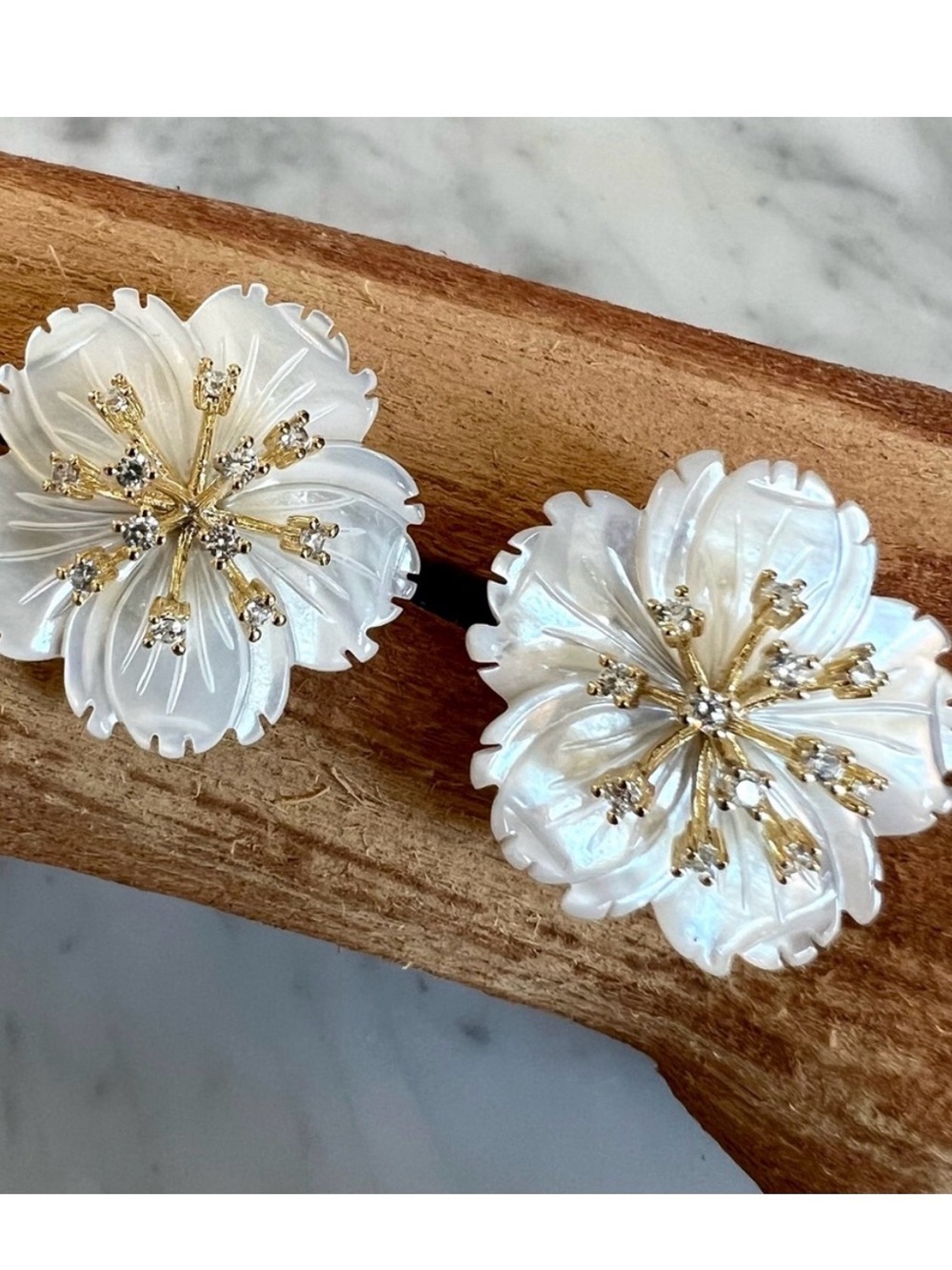 Anthropologie Hand Carved Flower on Genuine Pearl Stud dipped in 14K Gold New